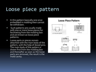 Loose piece pattern
 In this pattern basically one once
embedded in molding then cannot
be withdrawn.
 Such patterns are usually made
with one or more loose pieces for
facilitating from the molding box
and are known as loose piece
patterns.
 Loose parts or pieces remain
attached with the main body of the
pattern, with the help of dowel pins.
The main body of the pattern is
drawn first from the molding box
and thereafter as soon as the loose
parts are removed, the result is the
mold cavity.
8
 