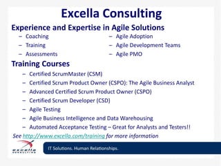 Excella Consulting
Experience and Expertise in Agile Solutions
– Coaching
– Training
– Assessments
– Agile Adoption
– Agile Development Teams
– Agile PMO
Training Courses
– Certified ScrumMaster (CSM)
– Certified Scrum Product Owner (CSPO): The Agile Business Analyst
– Advanced Certified Scrum Product Owner (CSPO)
– Certified Scrum Developer (CSD)
– Agile Testing
– Agile Business Intelligence and Data Warehousing
– Automated Acceptance Testing – Great for Analysts and Testers!!
See http://www.excella.com/training for more information
 