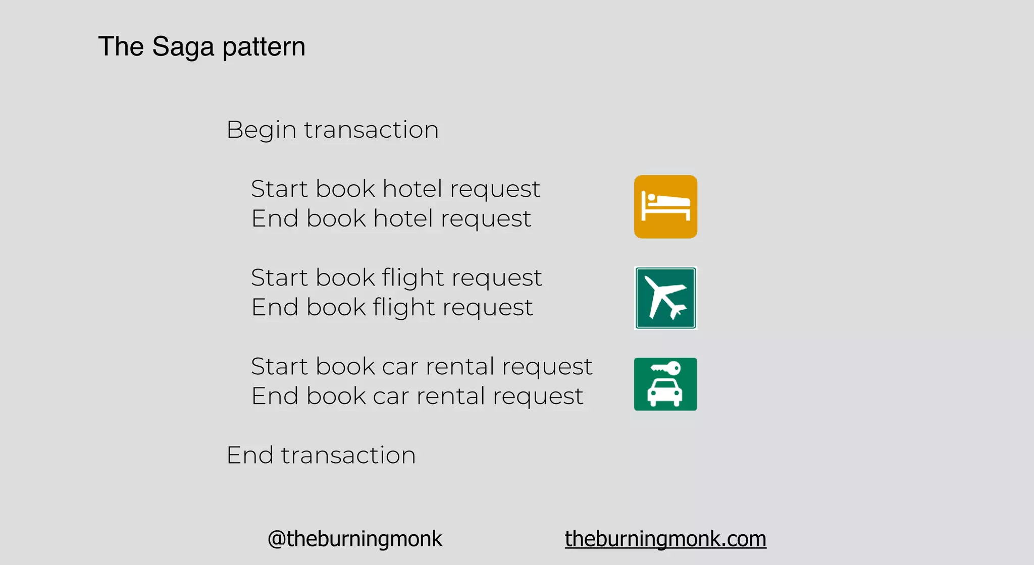 @theburningmonk theburningmonk.com
The Saga pattern
Begin transaction
Start book hotel request
End book hotel request
Start book ﬂight request
End book ﬂight request
Start book car rental request
End book car rental request
End transaction
 