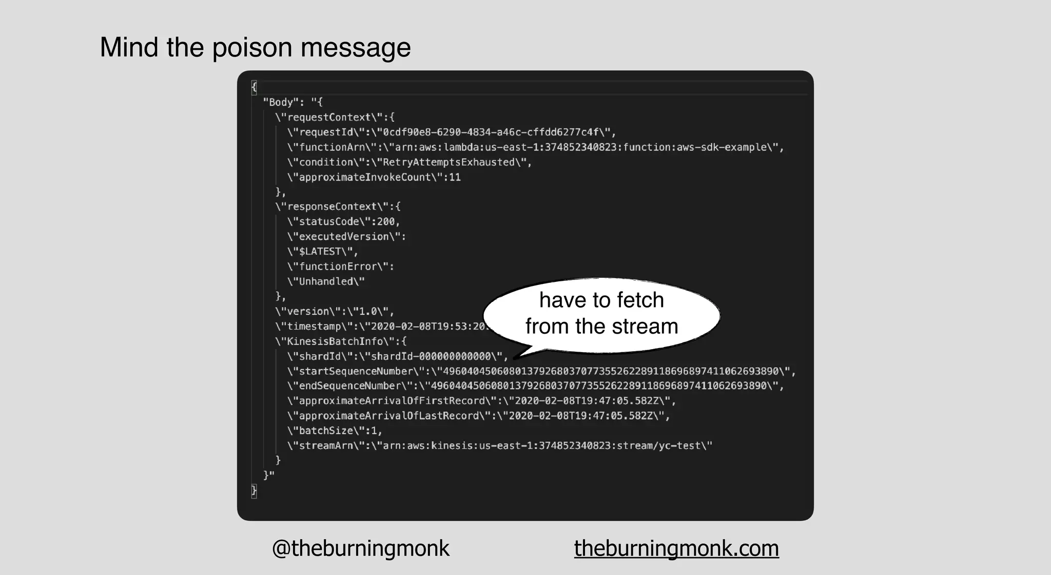 @theburningmonk theburningmonk.com
Mind the poison message
have to fetch
from the stream
 