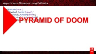 © 2013 Adobe Systems Incorporated. All Rights Reserved.
Asynchronous Sequence Using Callbacks
step1(function(value1) {
step2(value1, function(value2) {
step3(value2, function(value3) {
step4(value3, function(value4) {
console.log('Success', value4);
}
}
}
}
29
PYRAMID OF DOOM
 