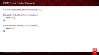 © 2013 Adobe Systems Incorporated. All Rights Reserved.
DOM Event Emitter Example
var foo = document.getElementById('foo');
foo.addEventListener('click', function() {
alert('bar');
});
foo.addEventListener('click', function() {
alert('baz');
});
39
 