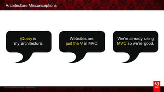 © 2013 Adobe Systems Incorporated. All Rights Reserved.
Architecture Misconceptions
4
jQuery is
my architecture.
Websites are
just the V in MVC.
We’re already using
MVC so we’re good.
 