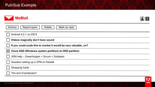 © 2013 Adobe Systems Incorporated. All Rights Reserved.
Pub/Sub Example
52
Android 4.2.1 vs iOS 6
Videos magically don’t have sound
If you could scale this to market it would be very valuable, no?
Clone SSD (Windows system partition) to HDD partition
JIRA help – Greenhopper + Scrum + Subtasks
Question setting up a VPN on firewall
Shopping Carts
The end of textbooks?
3MeMail
Archive Report spam Delete Mark as read
 