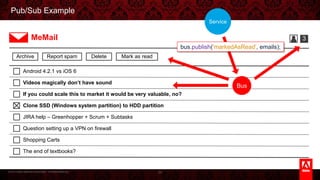© 2013 Adobe Systems Incorporated. All Rights Reserved.
Pub/Sub Example
54
Android 4.2.1 vs iOS 6
Videos magically don’t have sound
If you could scale this to market it would be very valuable, no?
Clone SSD (Windows system partition) to HDD partition
JIRA help – Greenhopper + Scrum + Subtasks
Question setting up a VPN on firewall
Shopping Carts
The end of textbooks?
3MeMail
Bus
Service
bus.publish('markedAsRead', emails);
Archive Report spam Delete Mark as read
 