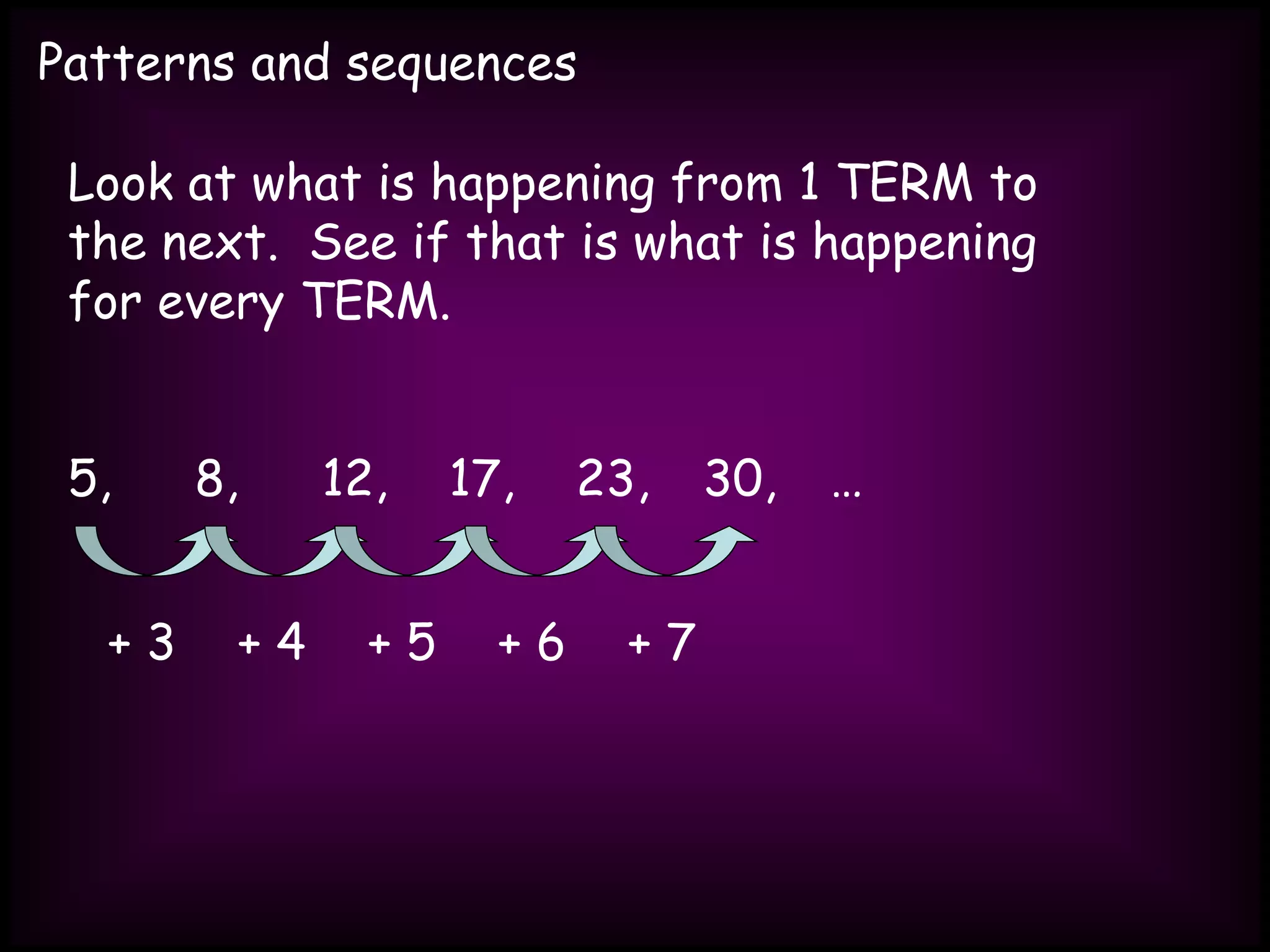 Patterns and sequences
Look at what is happening from 1 TERM to
the next. See if that is what is happening
for every TERM.
5, 8, 12, 17, 23, 30, …
+ 3 + 4 + 5 + 6 + 7
 