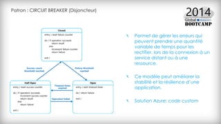 Patron : CIRCUIT BREAKER (Disjoncteur)
Permet de gérer les erreurs qui
peuvent prendre une quantité
variable de temps pour les
rectifier, lors de la connexion à un
service distant ou à une
ressource.
Ce modèle peut améliorer la
stabilité et la résilience d’une
application.
Solution Azure: code custom
 
