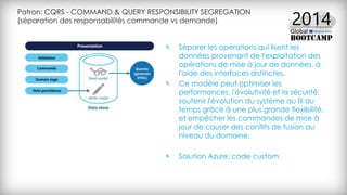 Patron: CQRS - COMMAND & QUERY RESPONSIBILITY SEGREGATION
(séparation des responsabilités commande vs demande)
Séparer les opérations qui lisent les
données provenant de l'exploitation des
opérations de mise à jour de données, à
l'aide des interfaces distinctes.
Ce modèle peut optimiser les
performances, l'évolutivité et la sécurité;
soutenir l'évolution du système au fil du
temps grâce à une plus grande flexibilité,
et empêcher les commandes de mise à
jour de causer des conflits de fusion au
niveau du domaine.
Solution Azure: code custom
 