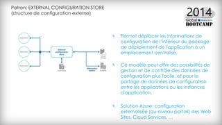 Patron: EXTERNAL CONFIGURATION STORE
(structure de configuration externe)
Permet déplacer les informations de
configuration de l’intérieur du package
de déploiement de l'application à un
emplacement centralisé.
Ce modèle peut offrir des possibilités de
gestion et de contrôle des données de
configuration plus facile, et pour le
partage de données de configuration
entre les applications ou les instances
d'application.
Solution Azure: configuration
externalisée (au niveau portail) des Web
Sites, Cloud Services, …
 