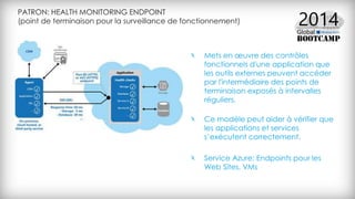 PATRON: HEALTH MONITORING ENDPOINT
(point de terminaison pour la surveillance de fonctionnement)
Mets en œuvre des contrôles
fonctionnels d'une application que
les outils externes peuvent accéder
par l'intermédiaire des points de
terminaison exposés à intervalles
réguliers.
Ce modèle peut aider à vérifier que
les applications et services
s’exécutent correctement.
Service Azure: Endpoints pour les
Web Sites, VMs
 