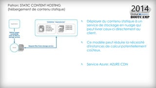 Patron: STATIC CONTENT HOSTING
(hébergement de contenu statique)
Déployer du contenu statique à un
service de stockage en nuage qui
peut livrer ceux-ci directement au
client.
Ce modèle peut réduire la nécessité
d'instances de calcul potentiellement
coûteux.
Service Azure: AZURE CDN
 