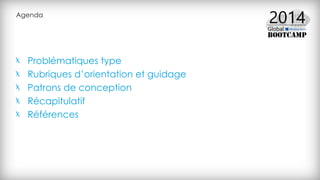 Agenda
Problématiques type
Rubriques d’orientation et guidage
Patrons de conception
Récapitulatif
Références
 