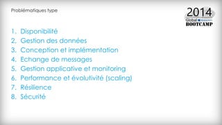 Problématiques type
1. Disponibilité
2. Gestion des données
3. Conception et implémentation
4. Echange de messages
5. Gestion applicative et monitoring
6. Performance et évolutivité (scaling)
7. Résilience
8. Sécurité
 