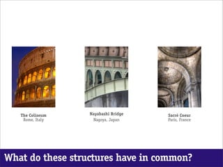 The Coliseum   Nayabashi Bridge   Sacré Coeur
    Rome, Italy    Nagoya, Japan     Paris, France




What do these structures have in common?
 