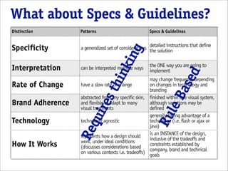 What about Specs & Guidelines?
Distinction       Patterns                            Specs & Guidelines


Specificity       a generalized set of considerations detailed instructions that define




                                    ing
                                                      the solution

                                                      the ONE way you are going to




                                  nk
Interpretation    can be interpreted multiple ways    implement




                                                                 sed
                                                      may change frequently depending




                               thi
Rate of Change    have a slow rate of change          on changes in technology and




                                                               Ba
                                                      branding
                  abstracted from any specific skin, finished within one visual system,
Brand Adherence        res
                  and flexible to adapt to many       although variations may be




                                                            le
                  visual treatments                   defined
                    qui



                                                          Ru
                                                      generally taking advantage of a
Technology        technology agnostic                 technology (i.e. flash or ajax or
                                                      java)
                  Re


                                                      is an INSTANCE of the design,
                  represents how a design should      inclusive of the tradeoffs and
                  work, under ideal conditions
How It Works      (discusses considerations based     constraints established by
                  on various contexts i.e. tradeoffs) company, brand and technical
                                                      goals
 