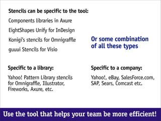 Stencils can be specific to the tool:
 Components libraries in Axure
 EightShapes Unify for InDesign
 Konigi’s stencils for Omnigraffle       Or some combination
 guuui Stencils for Visio
                                         of all these types


 Specific to a library:                  Specific to a company:
 Yahoo! Pattern Library stencils         Yahoo!, eBay, SalesForce.com,
 for Omnigraffle, Illustrator,           SAP, Sears, Comcast etc.
 Fireworks, Axure, etc.



Use the tool that helps your team be more efficient!
 