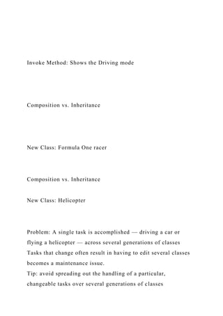 Invoke Method: Shows the Driving mode
Composition vs. Inheritance
New Class: Formula One racer
Composition vs. Inheritance
New Class: Helicopter
Problem: A single task is accomplished — driving a car or
flying a helicopter — across several generations of classes
Tasks that change often result in having to edit several classes
becomes a maintenance issue.
Tip: avoid spreading out the handling of a particular,
changeable tasks over several generations of classes
 