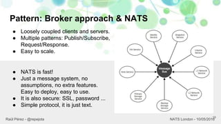 Pattern: Broker approach & NATS
19
Raül Pérez - @repejota NATS London - 10/05/2016
● Loosely coupled clients and servers.
● Multiple patterns: Publish/Subscribe,
Request/Response.
● Easy to scale.
● NATS is fast!
● Just a message system, no
assumptions, no extra features.
Easy to deploy, easy to use.
● It is also secure: SSL, password ...
● Simple protocol, it is just text.
 