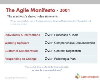 The Agile Manifesto - 2001
The manifesto’s shared value statement:

“We are uncovering better ways of developing software by doing it and helping others do it. Through this work
we have come to value:

Individuals & interactions

Over Processes & Tools

Working Software

Over Comprehensive Documentation

Customer Collaboration

Over Contract Negotiation

Responding to Change

Over Following a Plan

“That is, while there is value in the items on the right,
we value the items on the left more.”
Copyright© Agile Transformation Inc

4

 