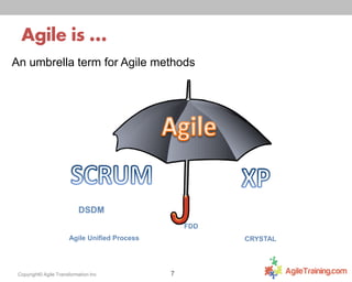 Agile is …
An umbrella term for Agile methods

DSDM
FDD
Agile Unified Process

Copyright© Agile Transformation Inc

CRYSTAL

7

 