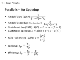>Patterns > Task Parallelism > ExampleGoogle2007 stats:+20 petabytes of data processed / day by +100K MapReduce jobs 1 petabyte sort took ~6 hours on ~4K servers replicated onto ~48K disks+200 GFS clusters, each at 1-5K nodes, handling +5 petabytes of storage~40 GB/sec aggregate read/write throughput across the cluster+500 servers for each search query < 500msScaling the process:MapReduce: parallel processing frameworkBigTable: structured hash databaseGoogle File System: massively scalable distributed storage
