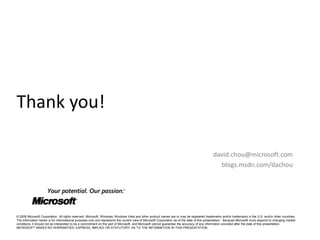 > ResourcesFor More InformationArchitect Council Website (blogs.msdn.com/sac)This series (blogs.msdn.com/sac/pages/council-2009q2.aspx).NET 4.0 Parallel APIs (msdn.com/concurrency)CCR & DSS Toolkit (microsoft.com/ccrdss)Dryad (research.microsoft.com/dryad)Azure Services Platform (azure.com)SQL Server “Madison” (microsoft.com/madison)Windows HPC Server 2008 (microsoft.com/hpc)