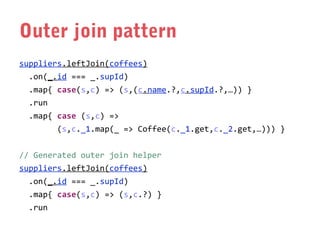 Outer join pattern
suppliers.leftJoin(coffees)
.on(_.id === _.supId)
.map{ case(s,c) => (s,(c.name.?,c.supId.?,…)) }
.run
.map{ case (s,c) =>
(s,c._1.map(_ => Coffee(c._1.get,c._2.get,…))) }
// Generated outer join helper
suppliers.leftJoin(coffees)
.on(_.id === _.supId)
.map{ case(s,c) => (s,c.?) }
.run

 