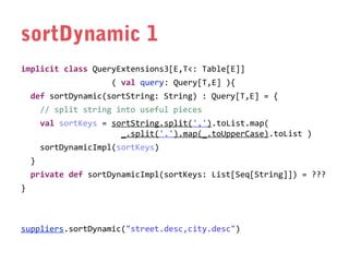 sortDynamic 1
implicit class QueryExtensions3[E,T<: Table[E]]
( val query: Query[T,E] ){
def sortDynamic(sortString: String) : Query[T,E] = {
// split string into useful pieces
val sortKeys = sortString.split(',').toList.map(
_.split('.').map(_.toUpperCase).toList )
sortDynamicImpl(sortKeys)
}
private def sortDynamicImpl(sortKeys: List[Seq[String]]) = ???
}

suppliers.sortDynamic("street.desc,city.desc")

 