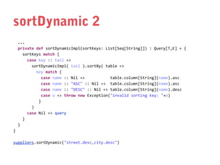 sortDynamic 2
...
private def sortDynamicImpl(sortKeys: List[Seq[String]]) : Query[T,E] = {
sortKeys match {
case key :: tail =>
sortDynamicImpl( tail ).sortBy( table =>
key match {
case name :: Nil =>
table.column[String](name).asc
case name :: "ASC" :: Nil => table.column[String](name).asc
case name :: "DESC" :: Nil => table.column[String](name).desc
case o => throw new Exception("invalid sorting key: "+o)
}
)
case Nil => query
}
}
}
suppliers.sortDynamic("street.desc,city.desc")

 