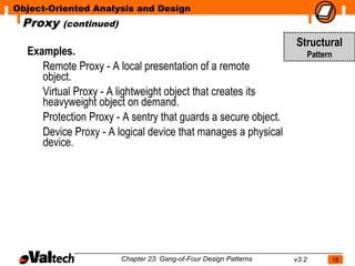 Object-Oriented Analysis and Design
 Proxy    (continued)

                                                                   Structural
  Examples.                                                               Pattern
     Remote Proxy - A local presentation of a remote
     object.
     Virtual Proxy - A lightweight object that creates its
     heavyweight object on demand.
     Protection Proxy - A sentry that guards a secure object.
     Device Proxy - A logical device that manages a physical
     device.




                        Chapter 23: Gang-of-Four Design Patterns   v3.2             19
 