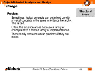 Object-Oriented Analysis and Design
 Bridge
                                                                  Structural
  Problem.                                                               Pattern
     Sometimes, logical concepts can get mixed up with
     physical concepts in the same inheritance hierarchy.
     This is bad.
     Often, this situation arises because a family of
     concepts have a related family of implementations.
     These family trees can cause problems if they are
     mixed.




                       Chapter 23: Gang-of-Four Design Patterns   v3.2             26
 