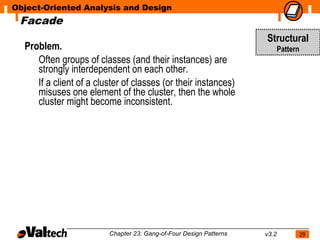 Object-Oriented Analysis and Design
 Facade
                                                                    Structural
  Problem.                                                                 Pattern
     Often groups of classes (and their instances) are
     strongly interdependent on each other.
     If a client of a cluster of classes (or their instances)
     misuses one element of the cluster, then the whole
     cluster might become inconsistent.




                         Chapter 23: Gang-of-Four Design Patterns   v3.2             29
 