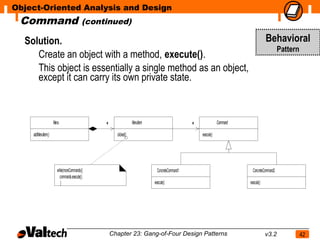 Object-Oriented Analysis and Design
 Command                                  (continued)

  Solution.                                                                                                                            Behavioral
                                                                                                                                                Pattern
     Create an object with a method, execute().
     This object is essentially a single method as an object,
     except it can carry its own private state.



                    Menu                                         MenuItem                                        Command
                                               *                                                 *
    addMenuItem()                                    clicked()                                       execute()




                      while(moreCommands){                                    ConcreteCommand1                               ConcreteCommand2
                        commands.execute();
                         }                                                  execute()                                      execute()




                                                   Chapter 23: Gang-of-Four Design Patterns                                            v3.2               42
 
