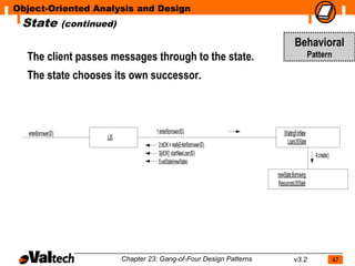 Object-Oriented Analysis and Design
 State                 (continued)

                                                                                               Behavioral
  The client passes messages through to the state.                                                        Pattern

  The state chooses its own successor.



   enterBorrower(ID)                             1:enterBorrower(ID)                    :WaitingForNew
                                :LIS
                                                  2:idOK:= reallyEnterBorrower(ID)        LoanLISState
                                                  3[idOK]: startNewLoan(ID)                                 4:create()
                                                  5:setState(newState)
                                                                                     newState:Borrowing
                                                                                     ResourcesLISState




                                       Chapter 23: Gang-of-Four Design Patterns                v3.2                      47
 