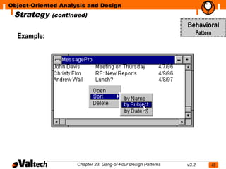 Object-Oriented Analysis and Design
 Strategy    (continued)
                                                                Behavioral
                                                                       Pattern
  Example:




                     Chapter 23: Gang-of-Four Design Patterns   v3.2             49
 