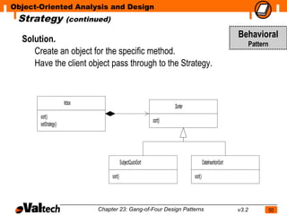 Object-Oriented Analysis and Design
 Strategy               (continued)

  Solution.                                                                                                      Behavioral
                                                                                                                        Pattern
     Create an object for the specific method.
     Have the client object pass through to the Strategy.



                       Inbox
                                                                           Sorter
       sort()
                                                                  sort()
       setStrategy()




                                               SubjectQuickSort                              DateInsertionSort

                                      sort()                                        sort()




                               Chapter 23: Gang-of-Four Design Patterns                                          v3.2             50
 