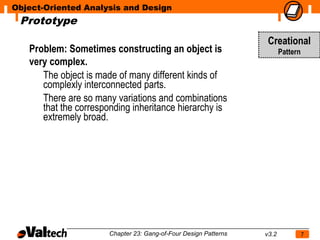 Object-Oriented Analysis and Design
 Prototype
                                                                   Creational
   Problem: Sometimes constructing an object is                          Pattern
   very complex.
      The object is made of many different kinds of
      complexly interconnected parts.
      There are so many variations and combinations
      that the corresponding inheritance hierarchy is
      extremely broad.




                       Chapter 23: Gang-of-Four Design Patterns   v3.2             7
 