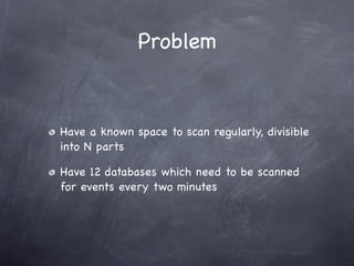 Problem


Have a known space to scan regularly, divisible
into N parts

Have 12 databases which need to be scanned
for events every two minutes
 
