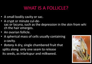 WHAT IS A FOLLICLE?
• A small bodily cavity or sac.
• A crypt or minute cul-de-
sac or lacuna, such as the depression in the skin from whi
ch the hair emerges.
• An ovarian follicle.
• A spherical mass of cells usually containing
a cavity.
• Botany A dry, single chambered fruit that
splits along only one seam to release
its seeds, as inlarkspur and milkweed.
 