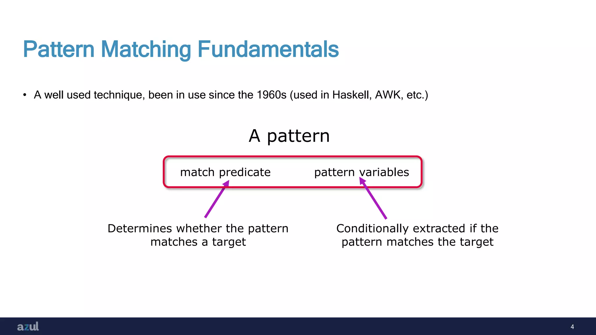 4
Pattern Matching Fundamentals
• A well used technique, been in use since the 1960s (used in Haskell, AWK, etc.)
match predicate pattern variables
Determines whether the pattern
matches a target
A pattern
Conditionally extracted if the
pattern matches the target
 