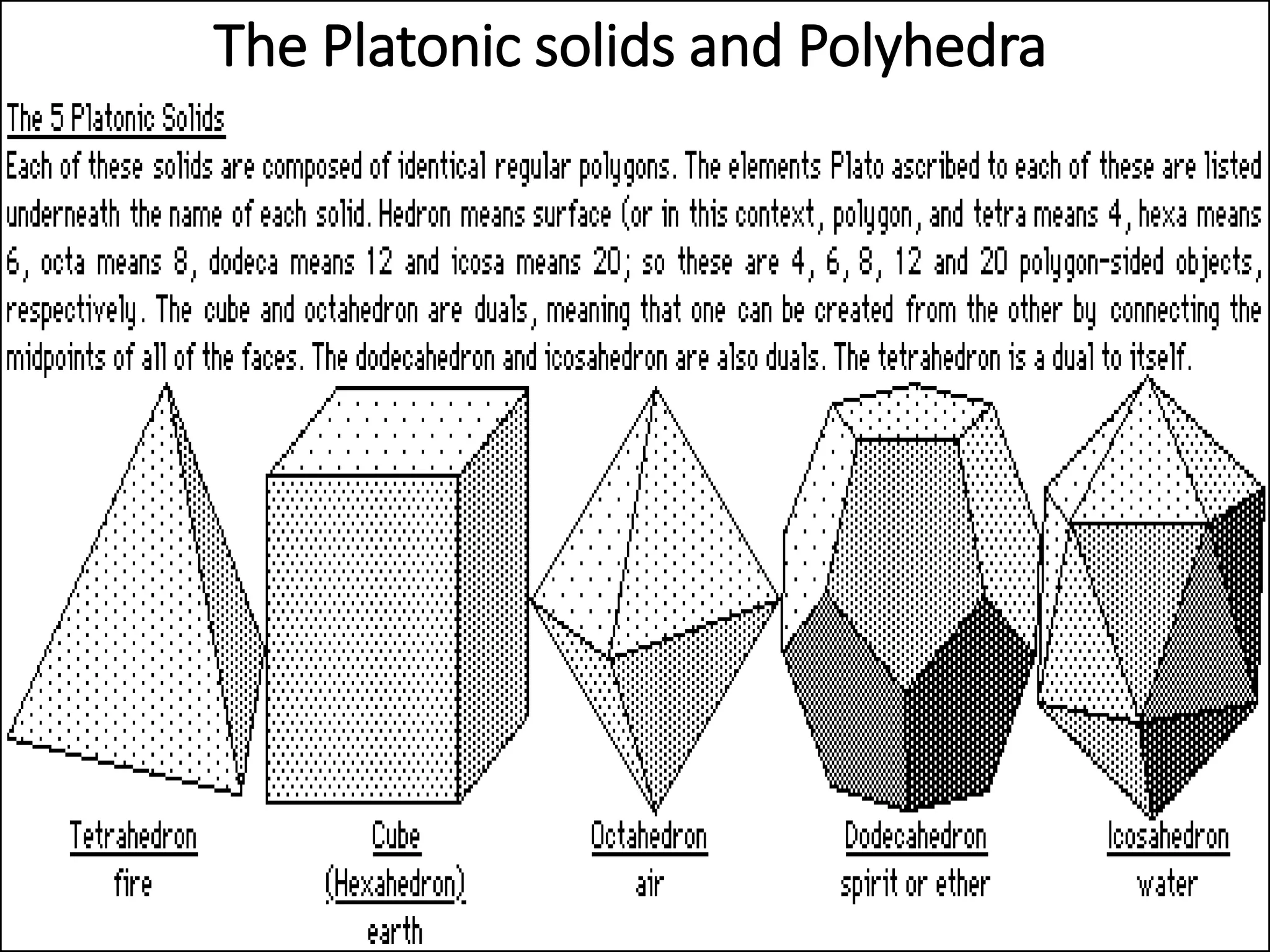 The Platonic solids and Polyhedra
 