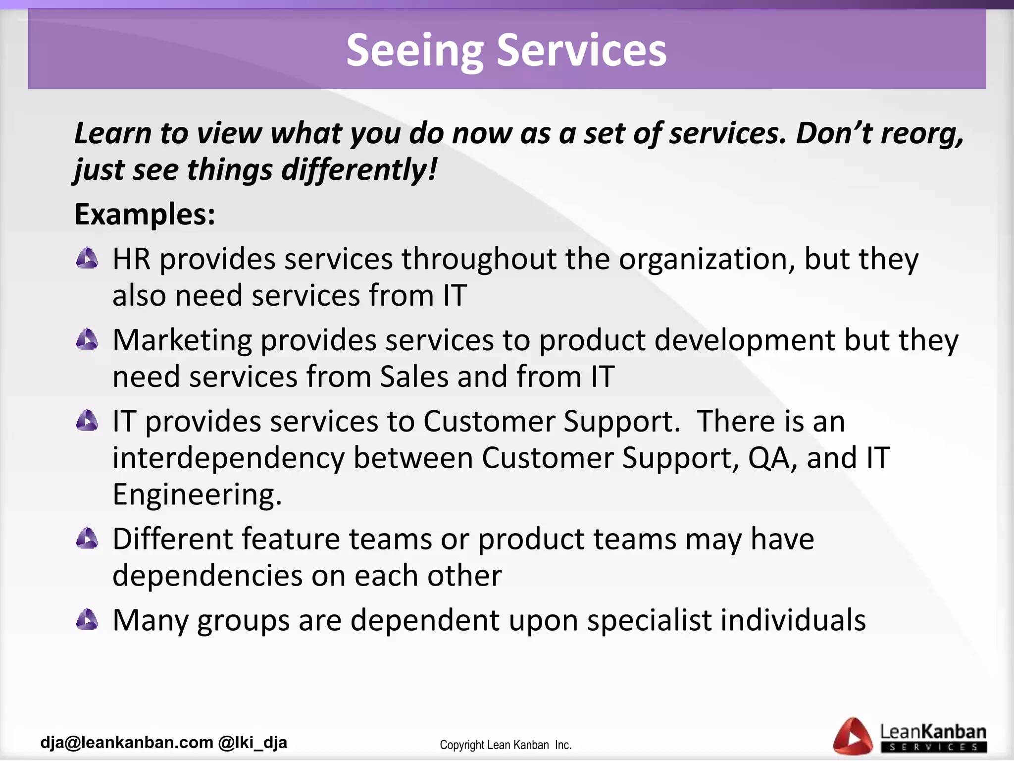 Copyright Lean Kanban Inc.dja@leankanban.com @lki_dja
Seeing Services
Learn to view what you do now as a set of services. Don’t reorg,
just see things differently!
Examples:
HR provides services throughout the organization, but they
also need services from IT
Marketing provides services to product development but they
need services from Sales and from IT
IT provides services to Customer Support. There is an
interdependency between Customer Support, QA, and IT
Engineering.
Different feature teams or product teams may have
dependencies on each other
Many groups are dependent upon specialist individuals
 