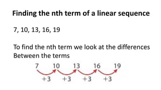 Finding the nth term of a linear sequence
7, 10, 13, 16, 19
To find the nth term we look at the differences
Between the terms
 