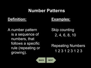Number Patterns
Definition:
A number pattern
is a sequence of
numbers, that
follows a specific
rule (repeating or
growing).
Examples:
Skip counting
2, 4, 6, 8, 10
Repeating Numbers
1 2 3 1 2 3 1 2 3
NEXTBACK
 