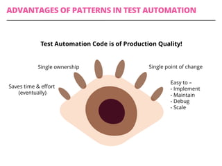 ADVANTAGES OF PATTERNS IN TEST AUTOMATION
Saves time & effort
(eventually)
Single ownership
Test Automation Code is of Production Quality!
Single point of change
Easy to –
- Implement
- Maintain
- Debug
- Scale
 