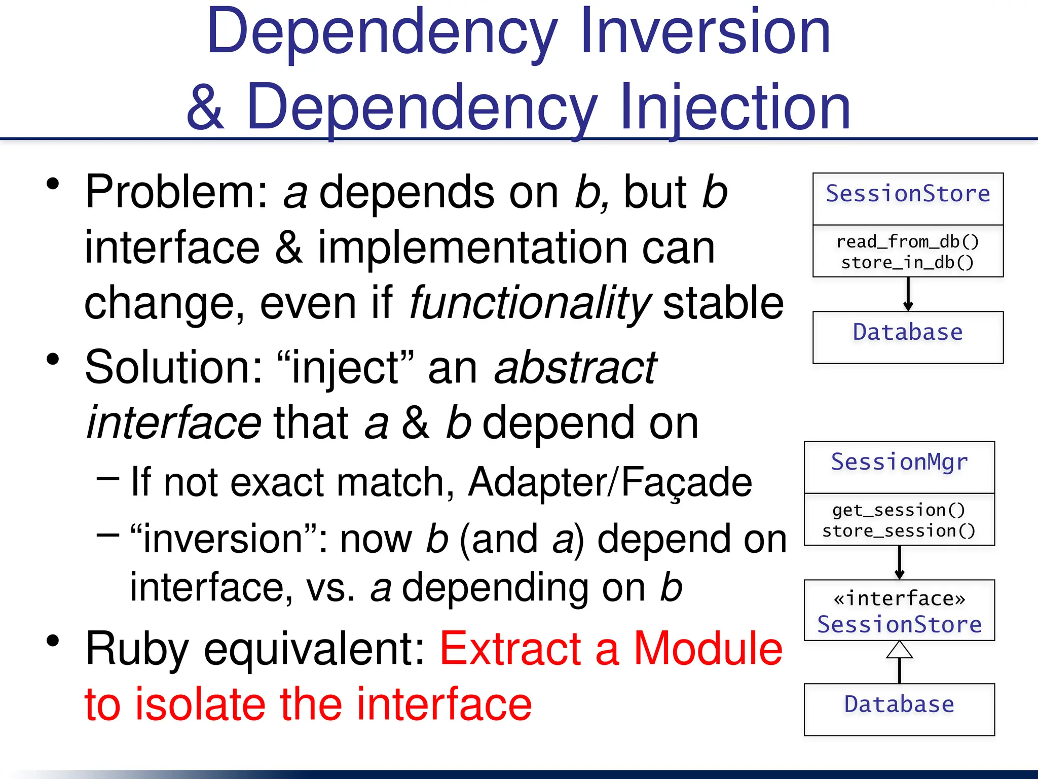 Dependency Inversion
& Dependency Injection
• Problem: a depends on b, but b
interface & implementation can
change, even if functionality stable
• Solution: “inject” an abstract
interface that a & b depend on
– If not exact match, Adapter/Façade
– “inversion”: now b (and a) depend on
interface, vs. a depending on b
• Ruby equivalent: Extract a Module
to isolate the interface
SessionStore
Database
read_from_db()
store_in_db()
SessionMgr
get_session()
store_session()
«interface»
SessionStore
Database
 