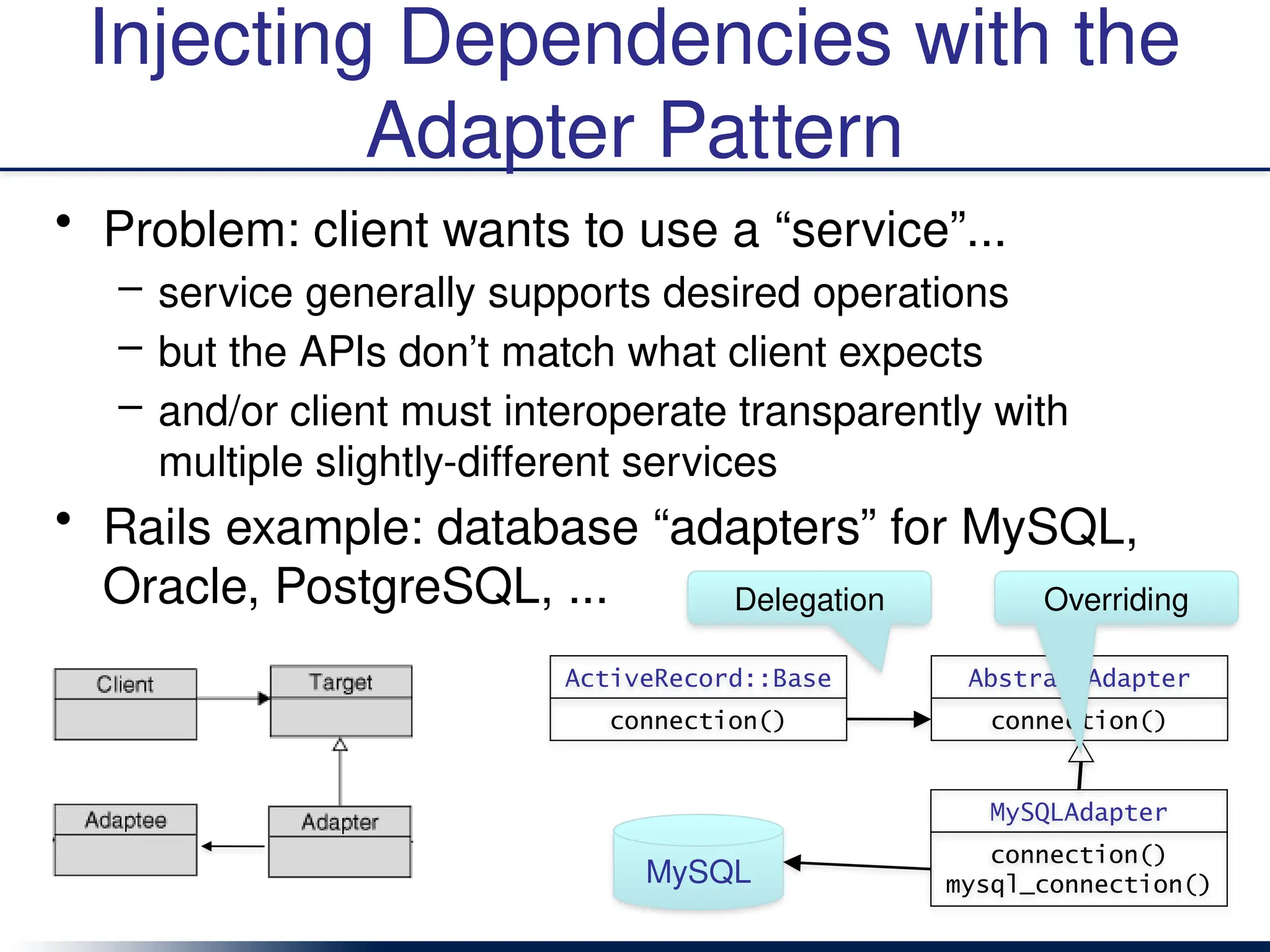 Injecting Dependencies with the
Adapter Pattern
• Problem: client wants to use a “service”...
– service generally supports desired operations
– but the APIs don’t match what client expects
– and/or client must interoperate transparently with
multiple slightly-different services
• Rails example: database “adapters” for MySQL,
Oracle, PostgreSQL, ...
ActiveRecord::Base
connection()
AbstractAdapter
connection()
MySQLAdapter
connection()
mysql_connection()
MySQL
Delegation Overriding
 