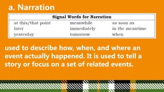a. Narration
used to describe how, when, and where an
event actually happened. It is used to tell a
story or focus on a set of related events.
 