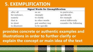 5. EXEMPLIFICATION
provides concrete or authentic examples and
illustrations in order to further clarify or
explain the concept or main idea of the text
 