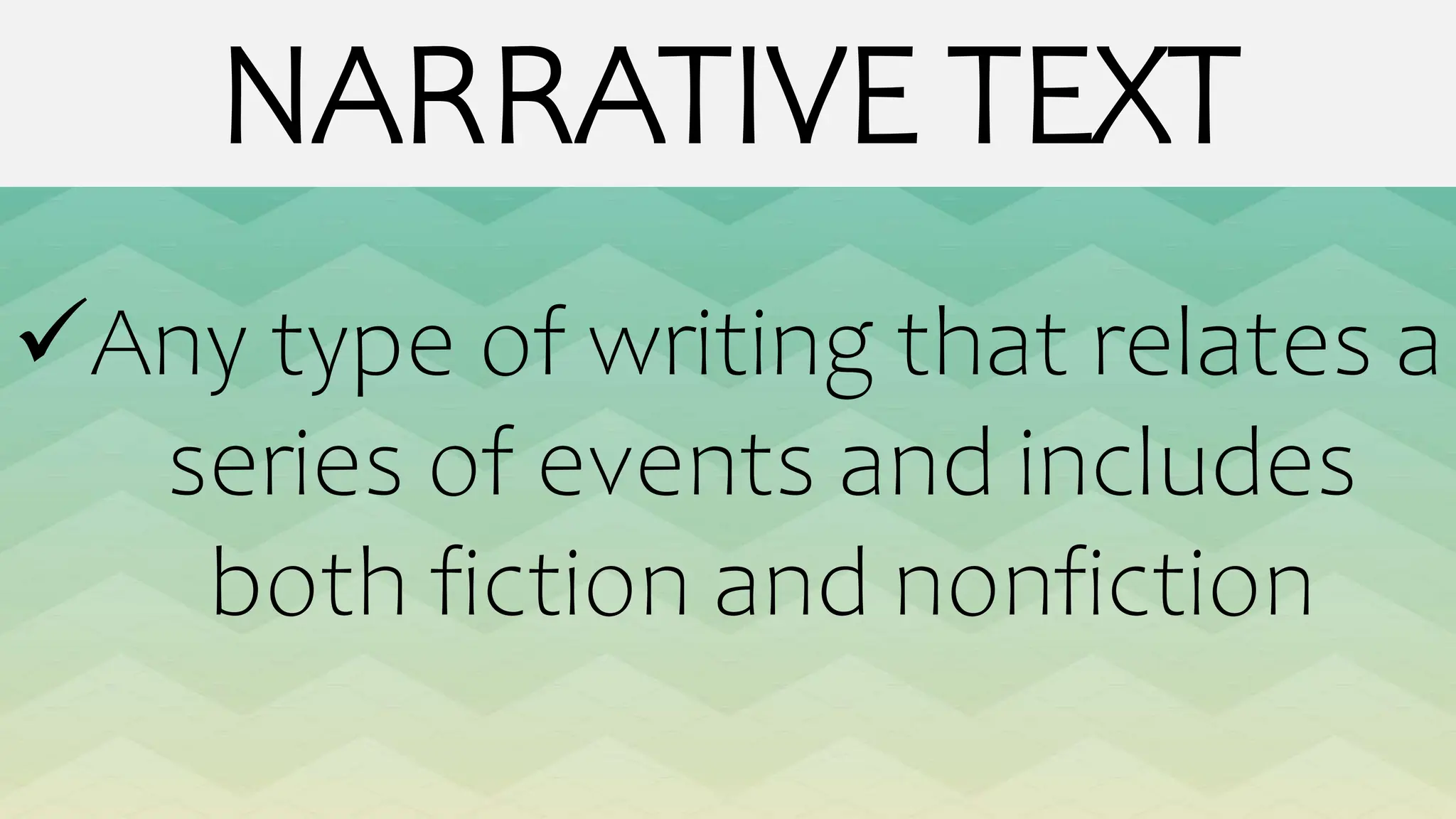 NARRATIVE TEXT
Any type of writing that relates a
series of events and includes
both fiction and nonfiction
 